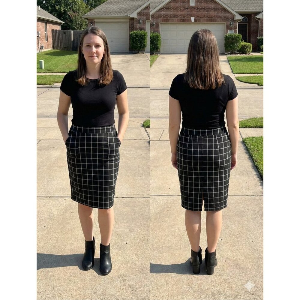 89th & Madison Windowpane Plaid Pencil Skirt Black White Size M Stretch Workwear - Picture 1 of 5